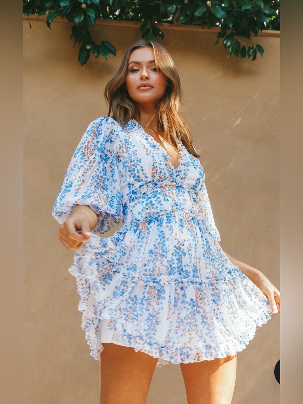 Laney Cutout Back Ruffle Detail Floral Dress White